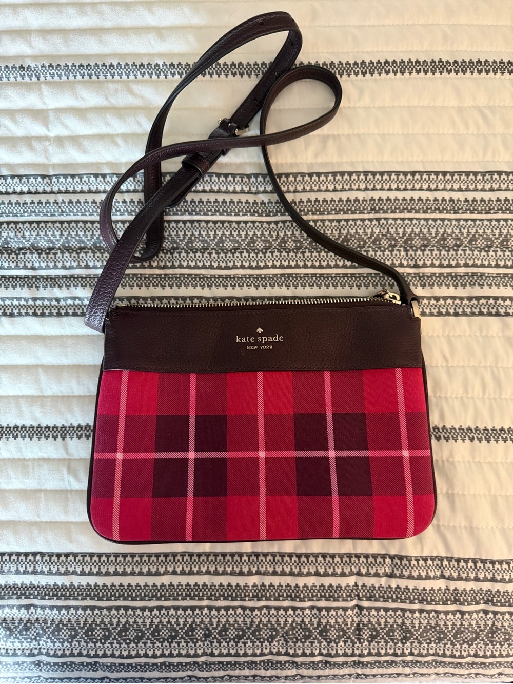 kate spade Pink and Red Plaid Crossbody with Dark Brown Trim